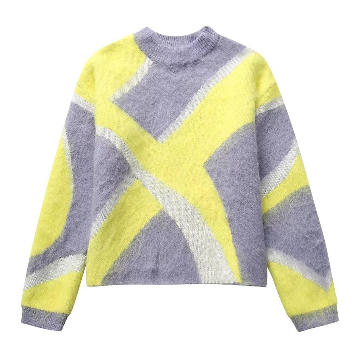 RUFFLED PATCHWORK CREW NECK PULLOVER SWEATER