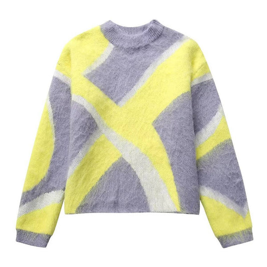 RUFFLED PATCHWORK CREW NECK PULLOVER SWEATER