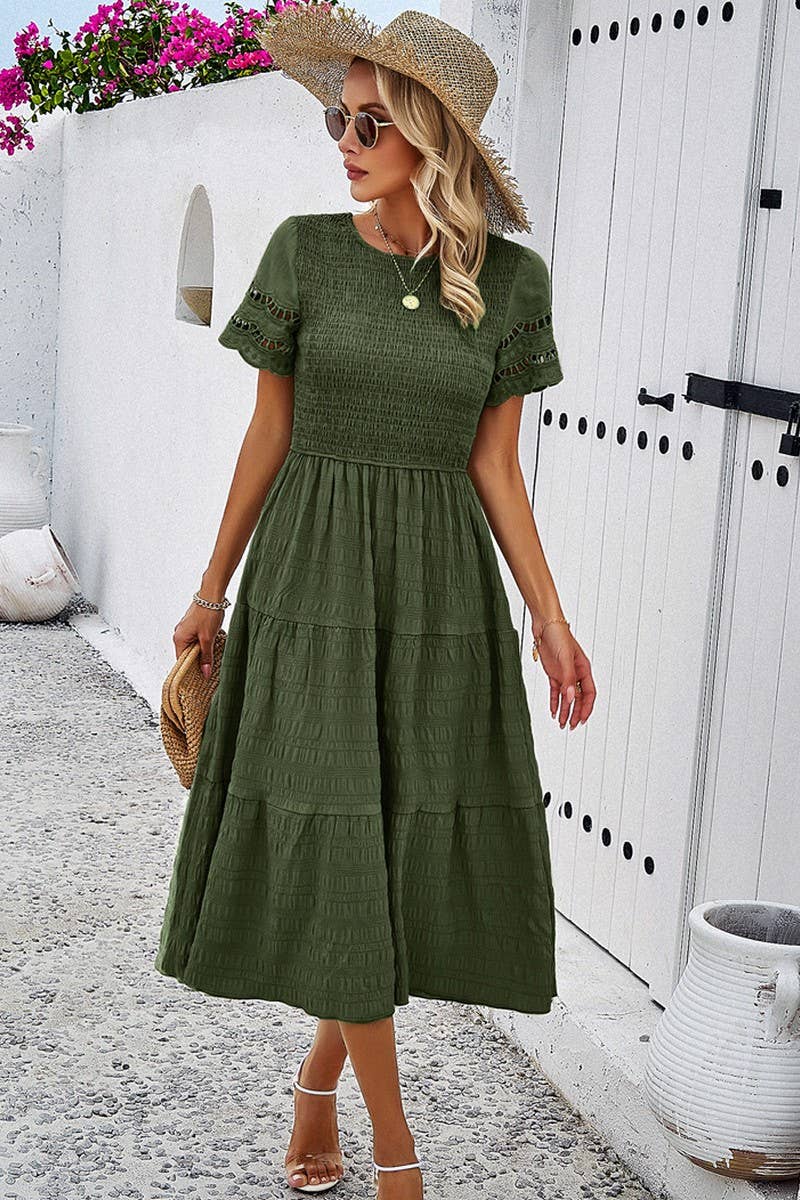 CWDSD2795_Smocking Detailed Short Sleeve Dress