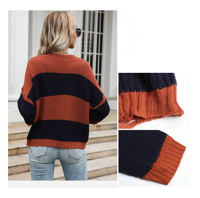 Trendy knitted color-blocked V-neck sweater