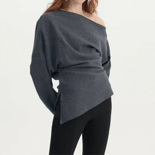 Solid color knit slant shoulder all-in-one casual top