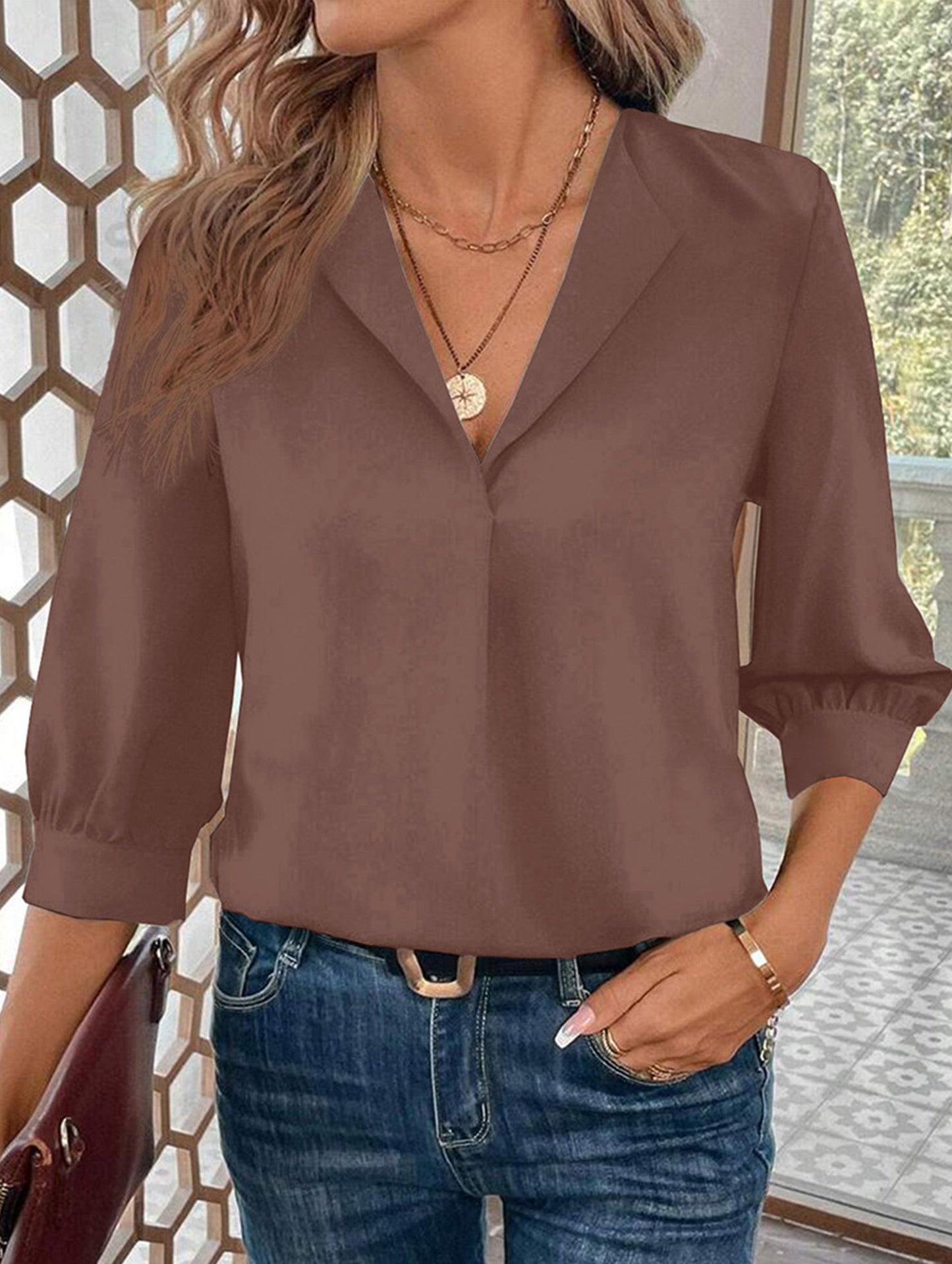 Commuting solid color V-neck chiffon blouse