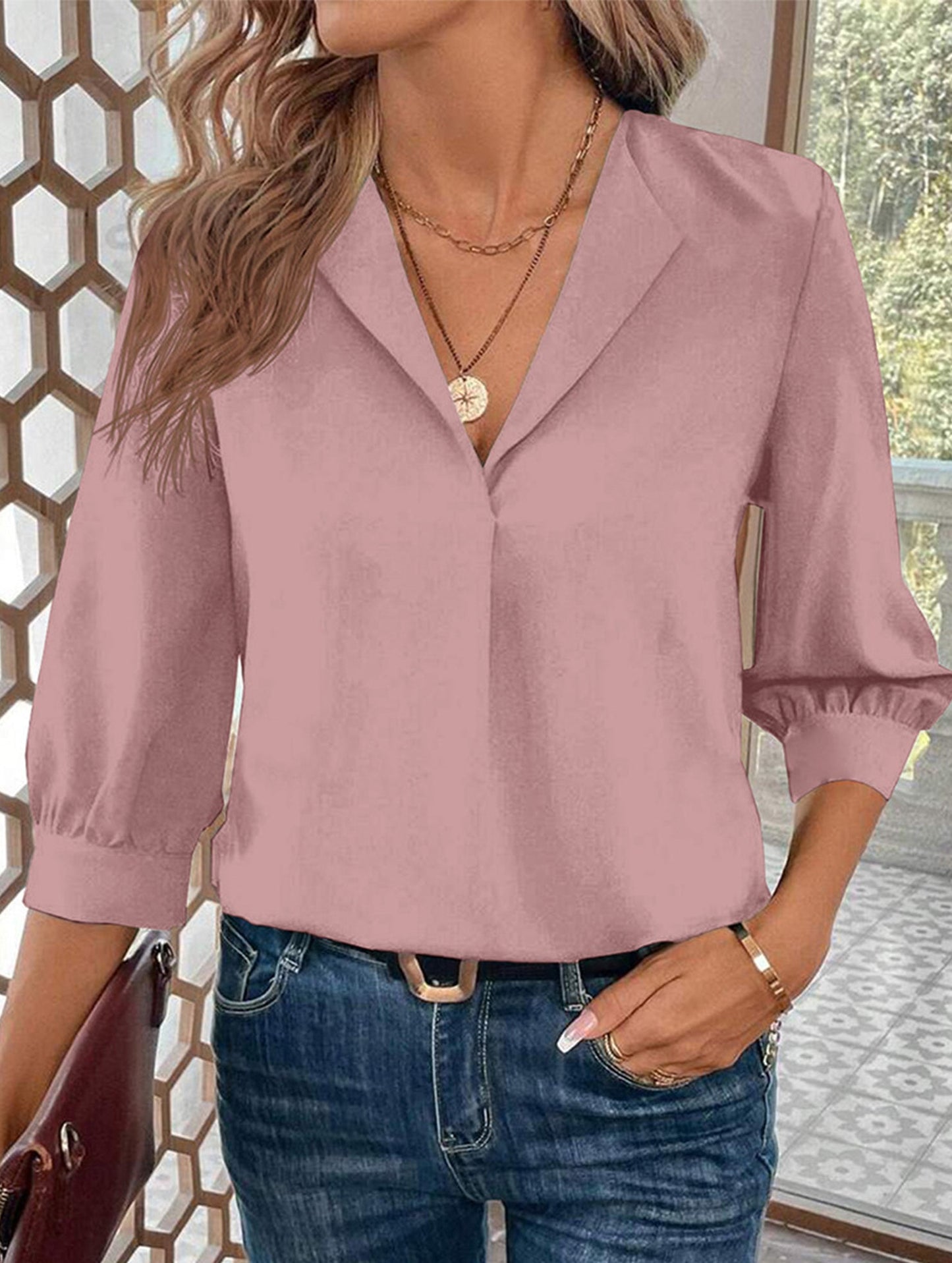 Commuting solid color V-neck chiffon blouse