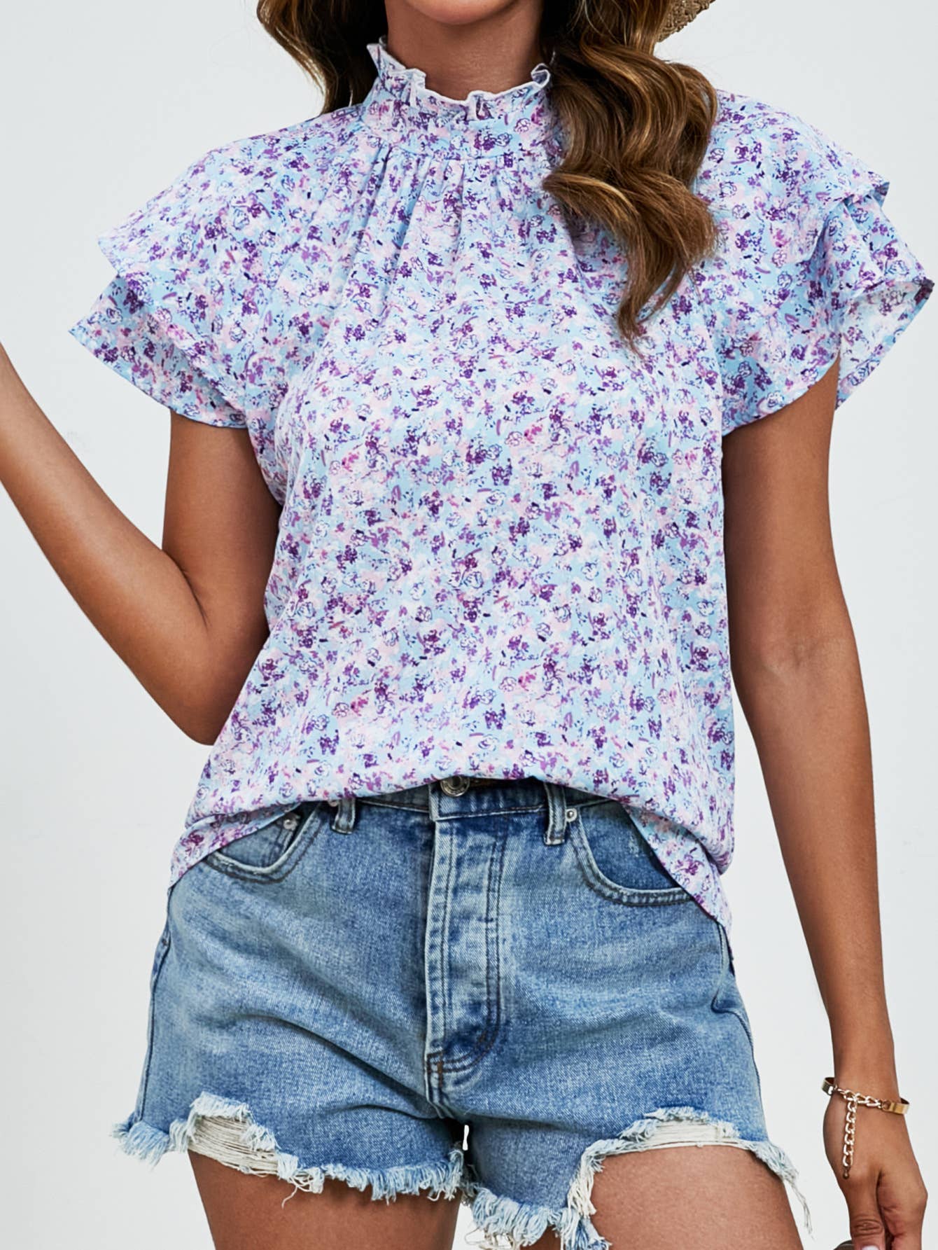 Semi-high-neck double-sleeved loose printed top
