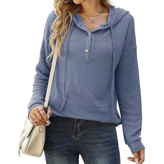 WAFFLE SOLID COLOR BAGGY HOODED BUTTON KNIT