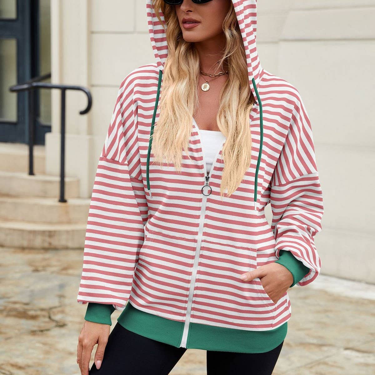 Striped hooded long-sleeved hoodie