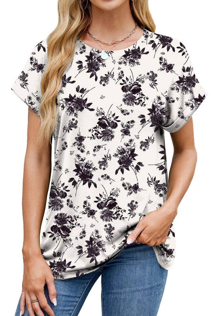 Cwtbls1742_Printed Crew Neck Loose Short Sleeve T-Shirt Top