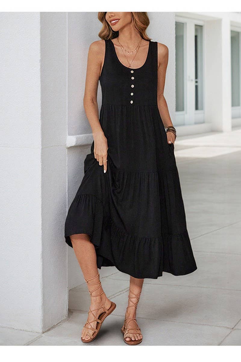 CWDMD4955_SUMMER BUTTON POCKET SLEEVELESS MIDI DRESS