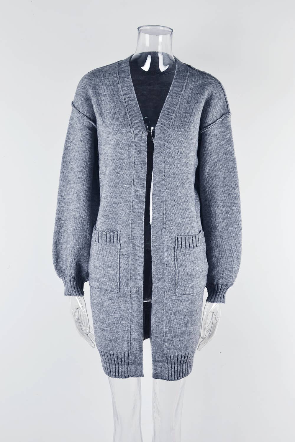 KNIT SOLID POCKET LONG FASHION SWEATER JACKET