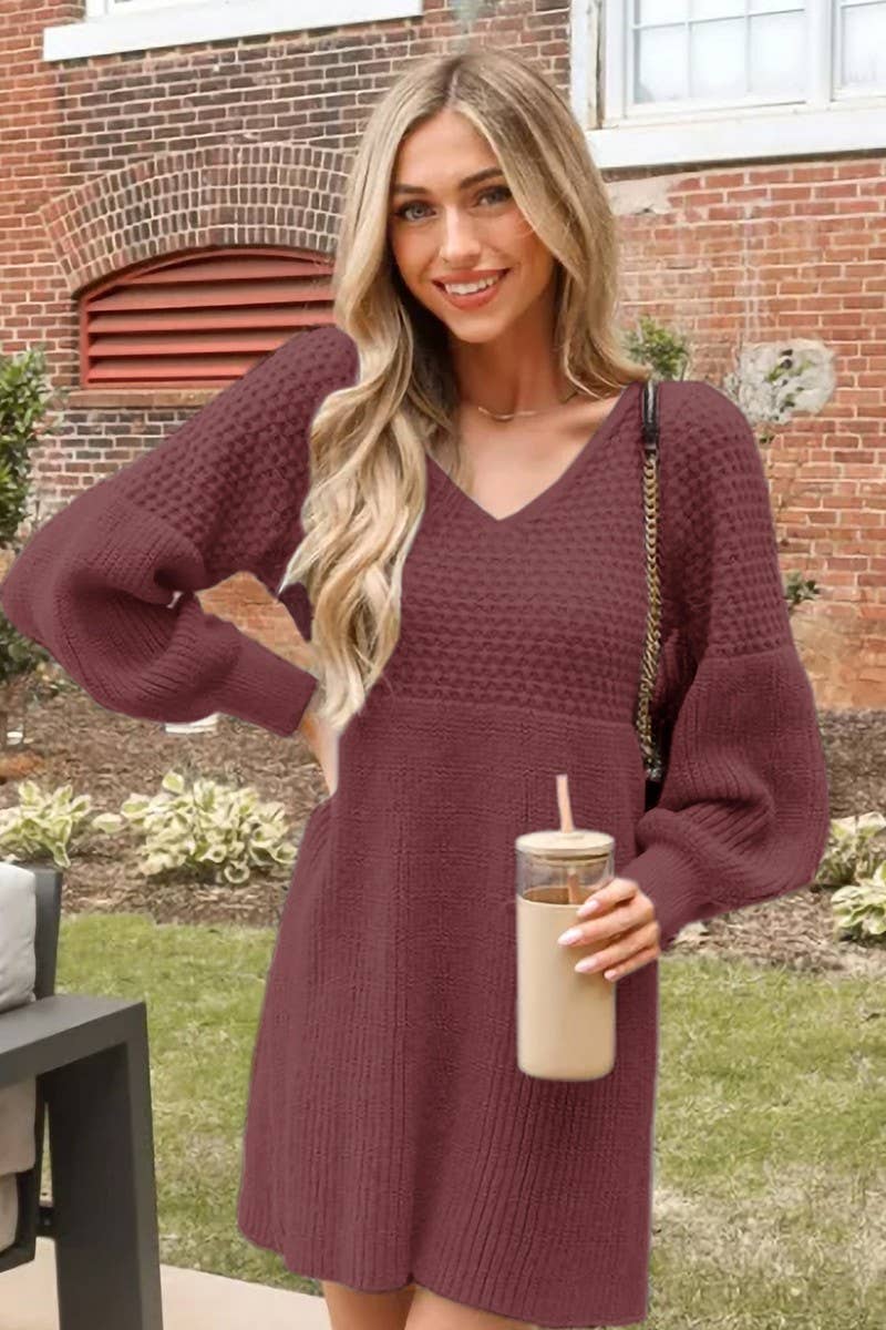 CWDSD5912_V-NECK LANTERN SLEEVE KNITTED SWEATER DRESS