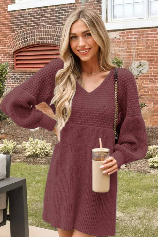 CWDSD5912_V-NECK LANTERN SLEEVE KNITTED SWEATER DRESS