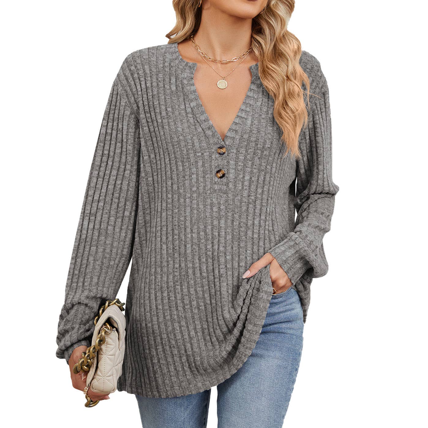 V-NECK BUTTON-DOWN LONG SLEEVED LOOSE T-SHIRT