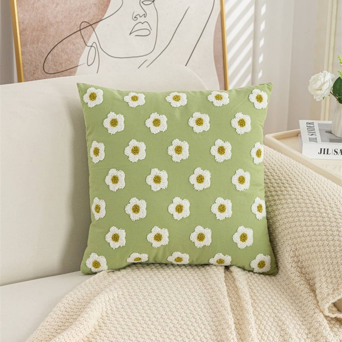 DAISY FLORAL TUFTED PILLOW COVER COTTAGE CHIC DECOR_CWMM7686