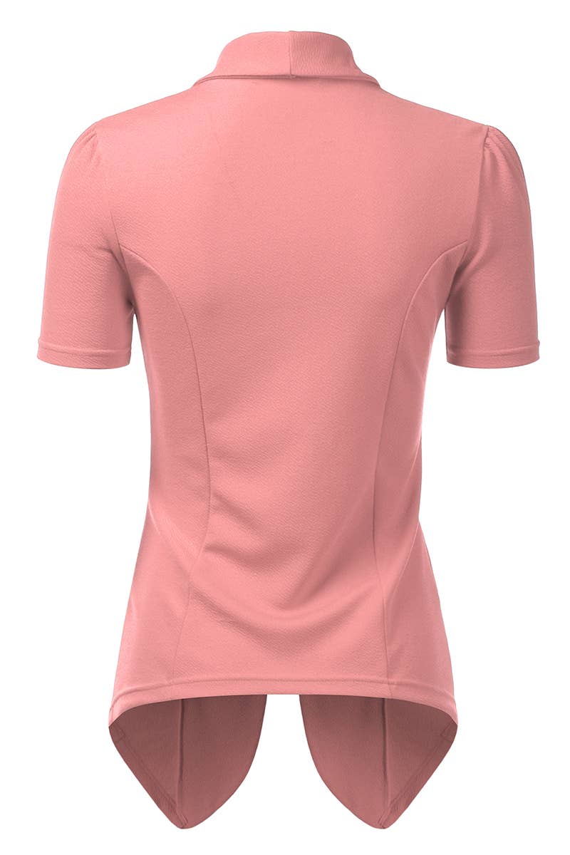 CWOBL095_Short Sleeve Open Front Draped Ruffles Blouses