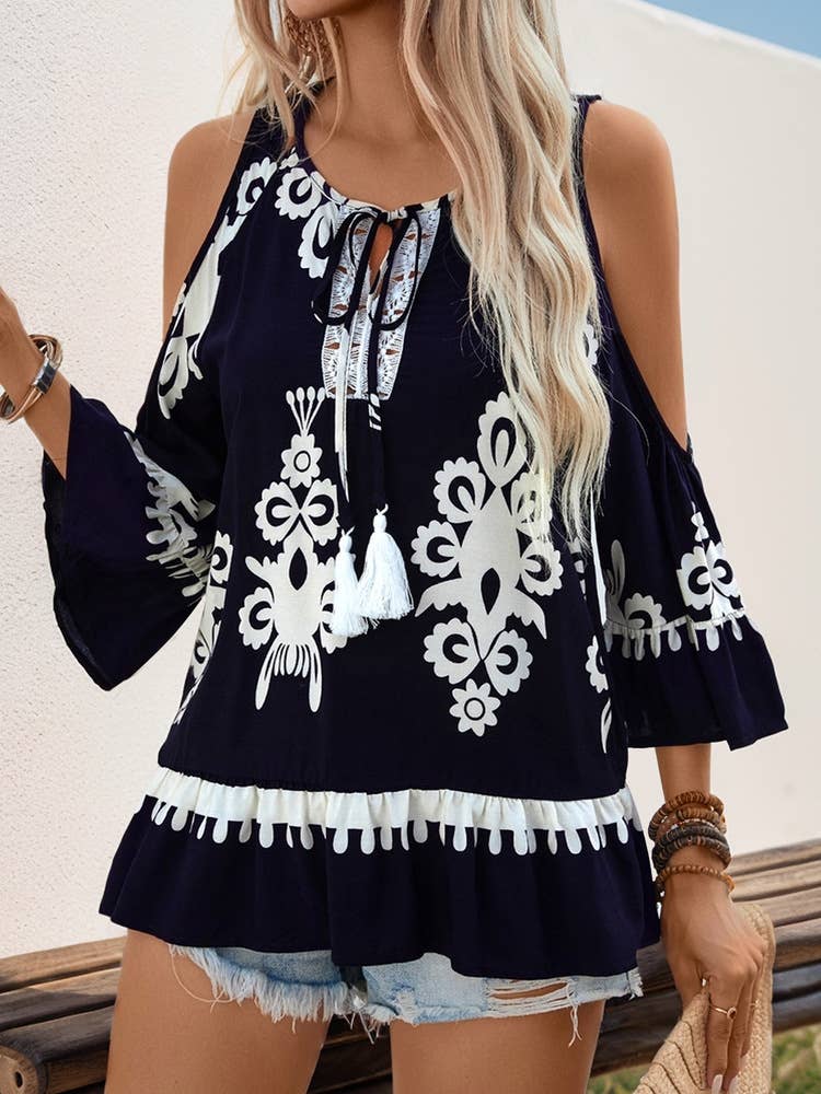 Shirt Lace patchwork fringe lace-up shirt