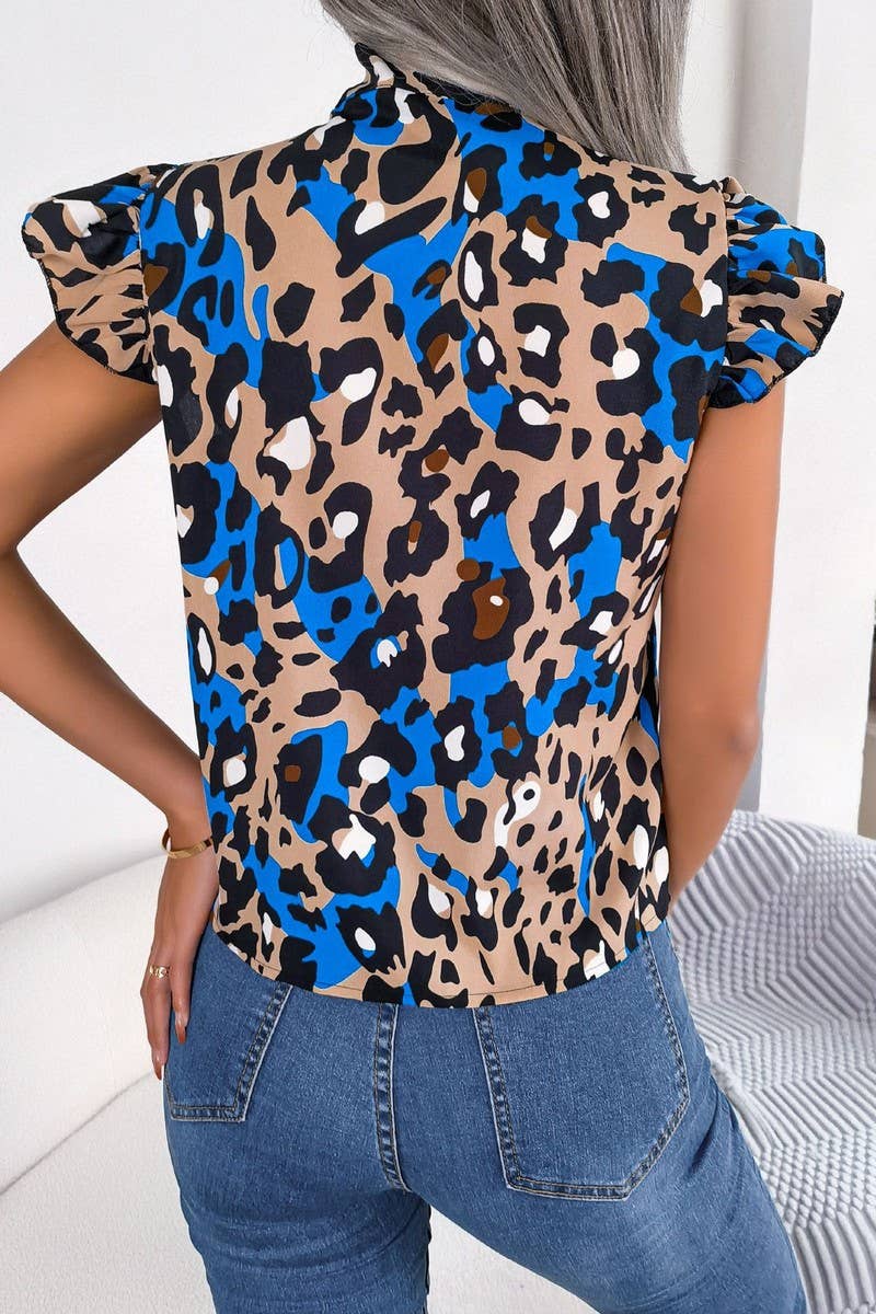 LEOPARD AURICULAR TRIMMED LACE CHIFFON BLOUSE_CWTSTSL0035