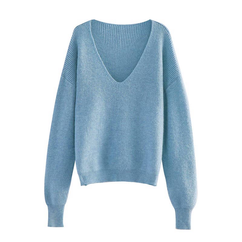 SLOUCHY SOLID COLOR V-NECK PULLOVER SWEATER LADY