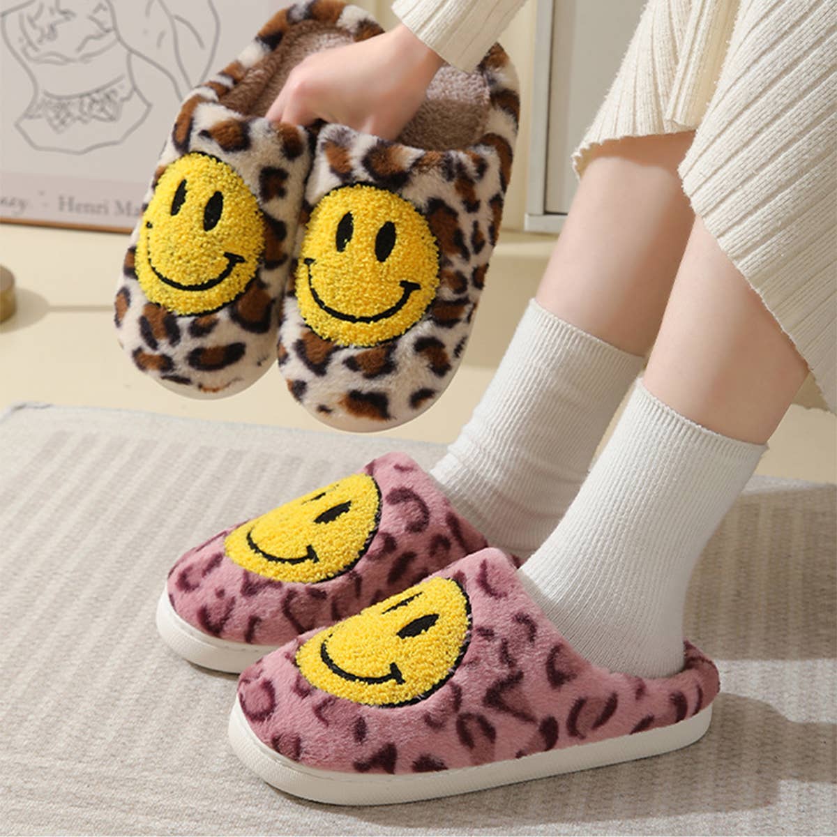 LEOPARD SMILING COTTON FUZZY SLIPPERS WOMEN
