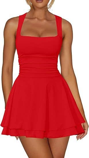 Mini dress with square neck waist pleated hem