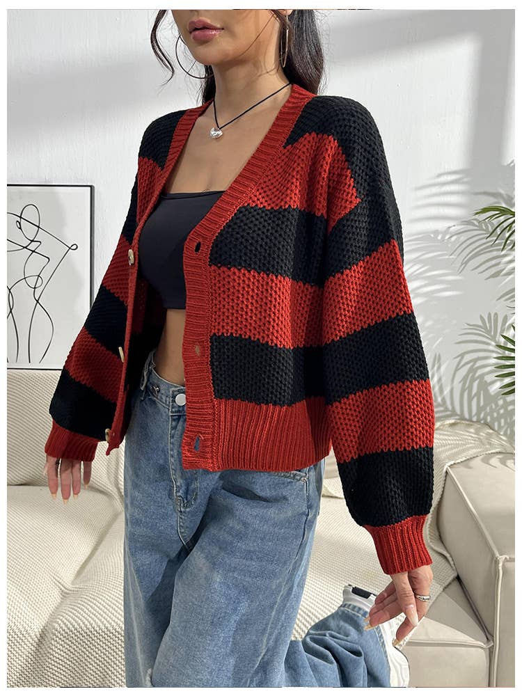WOMEN SWEATER CONTRAST RED AND BLACK STRIPED COAT
