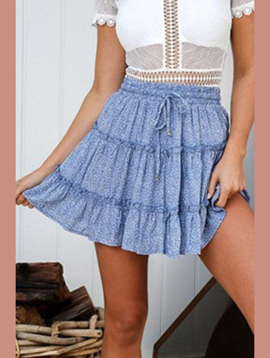 WOMEN HIGH WAISTED RUFFLED FLORAL A LINE SKIRT