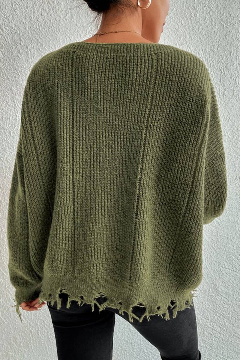 CWOSWL07632_LOOSE-FITTING DISTRESSED RAW-EDGE KNIT TOP