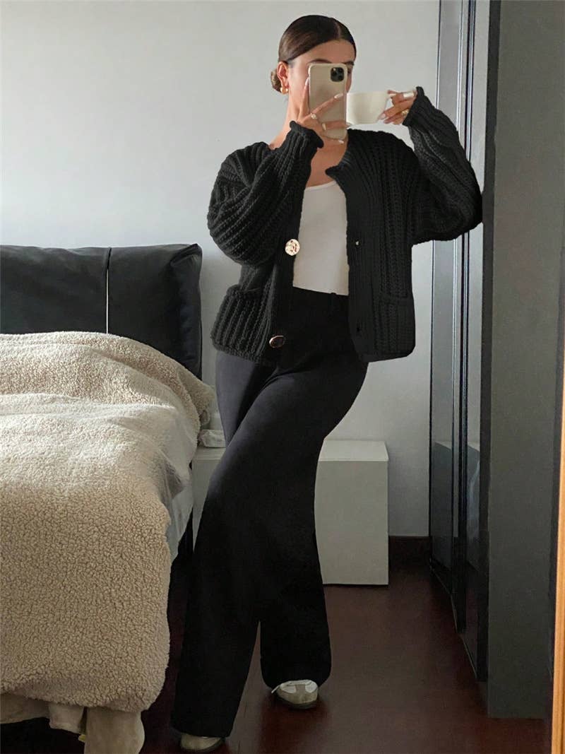 Three button long sleeve French cardigan