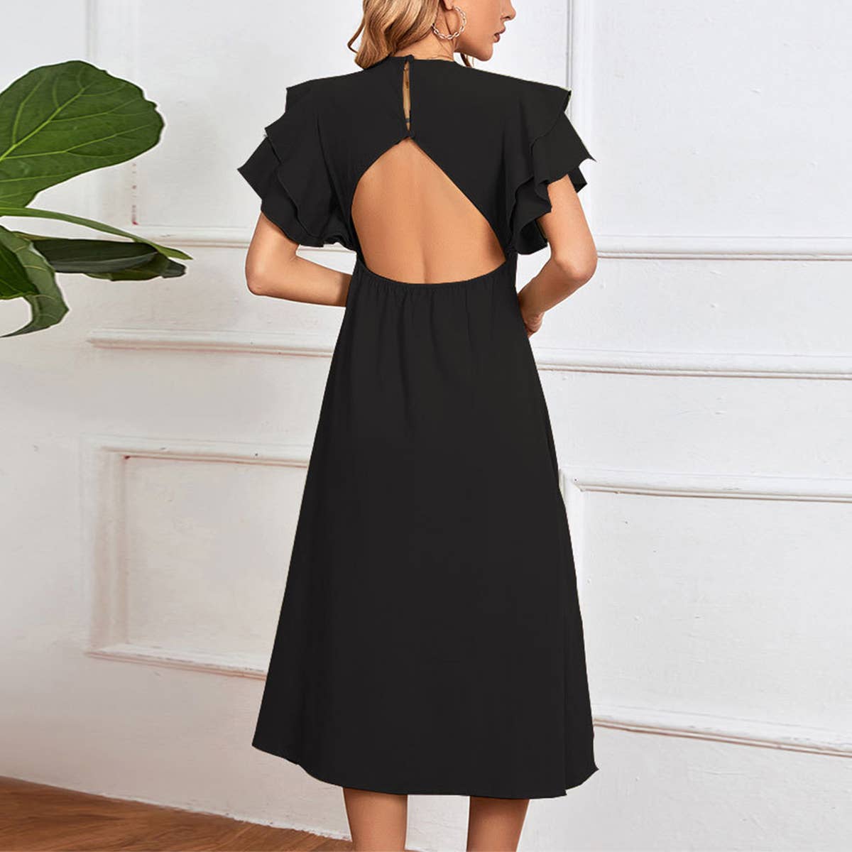 V NECK SEXY BACKLESS BUTTON A LINE MIDI DRESS_CWDSD3248