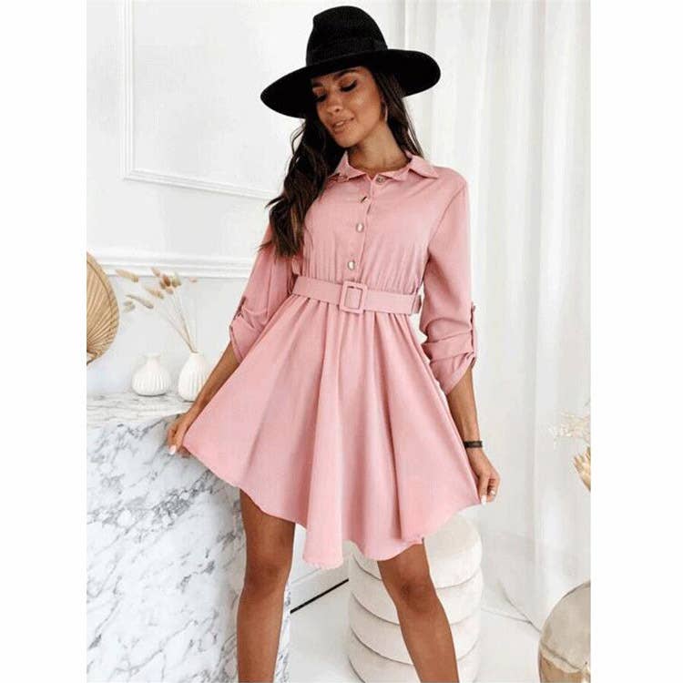 Rolled-up sleeves cinched waist shirt dress