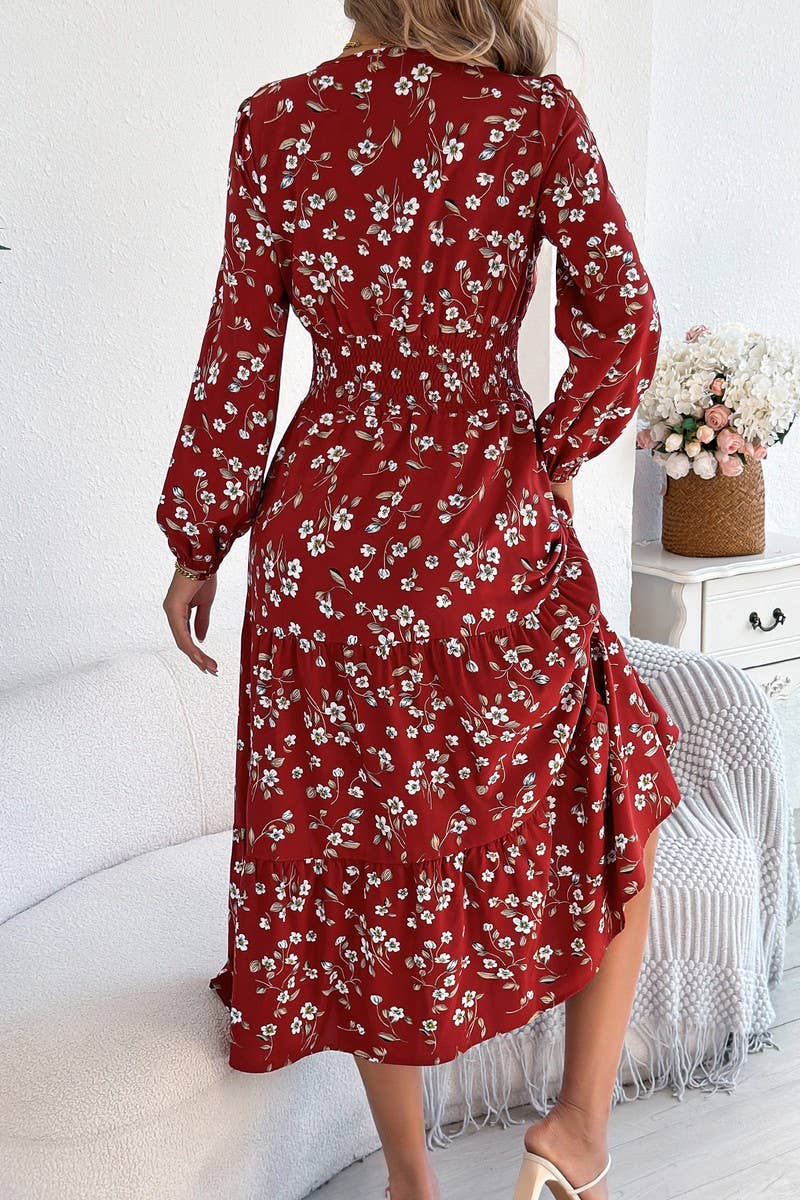 CWDMD6028_FLORAL V-NECK LONG SLEEVE RUFFLE WAIST DRESS