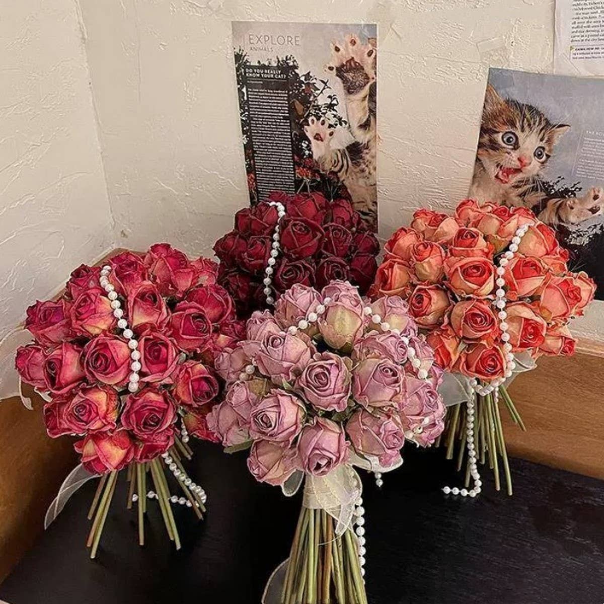 Burnt Edge Angora Red Rose Bouquet for Decoration_CWMM6574