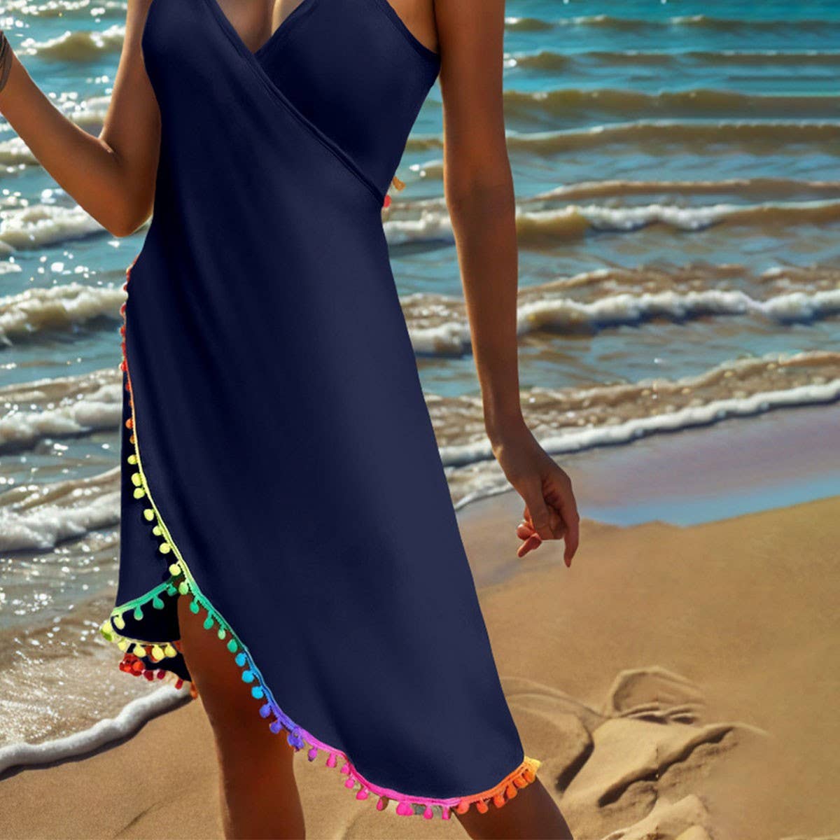 Plus Size One-Piece Beach Skirt, Tassel Trim Dress_CWBLS0478