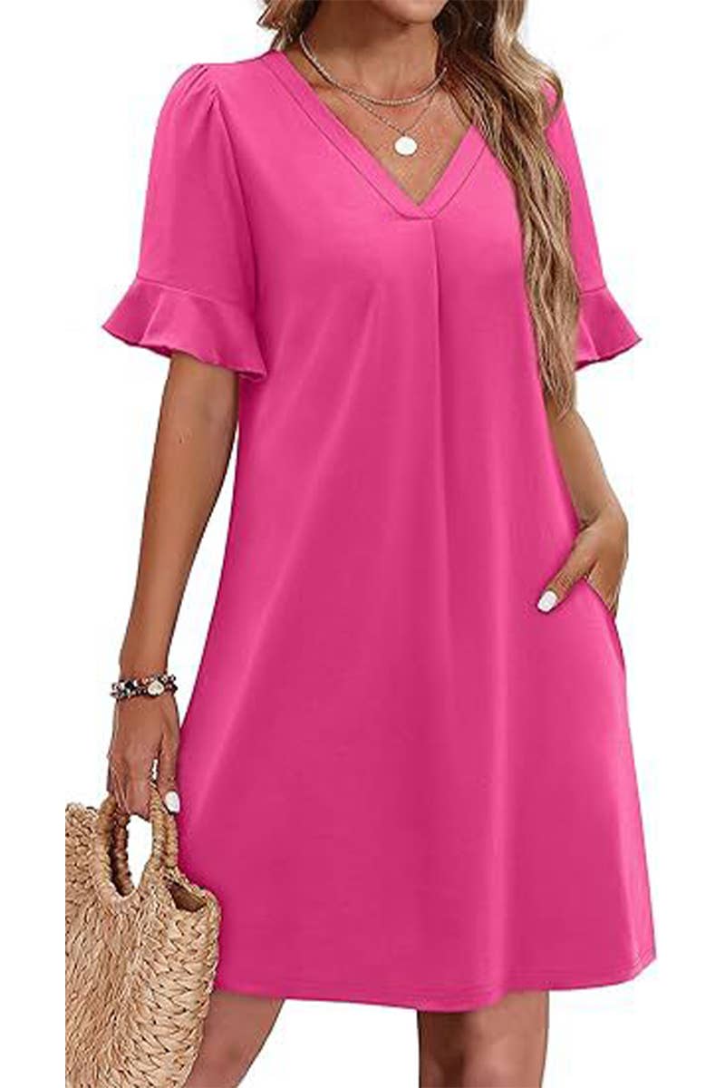 CWDSD8811_V-NECK TRUMPET SLEEVES POCKET SHORT SLEEVE DRESS