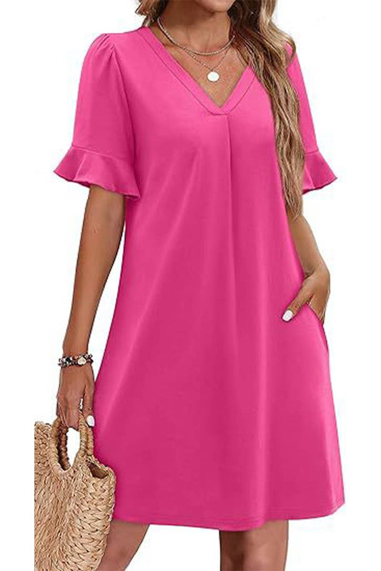 CWDSD8811_V-NECK TRUMPET SLEEVES POCKET SHORT SLEEVE DRESS