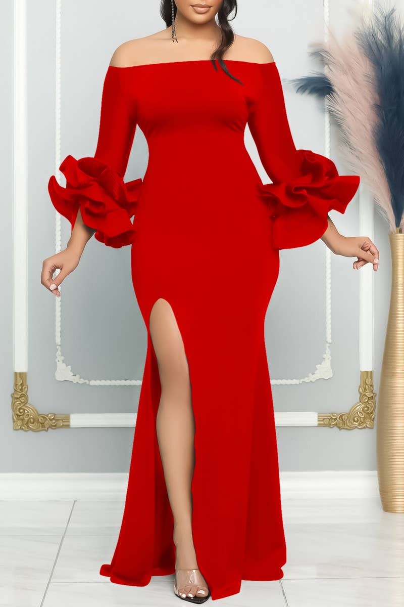CWDMD1729_ONE SHOULDER SLIT RUFFLE SLEEVE EVENING MAXI DRESS