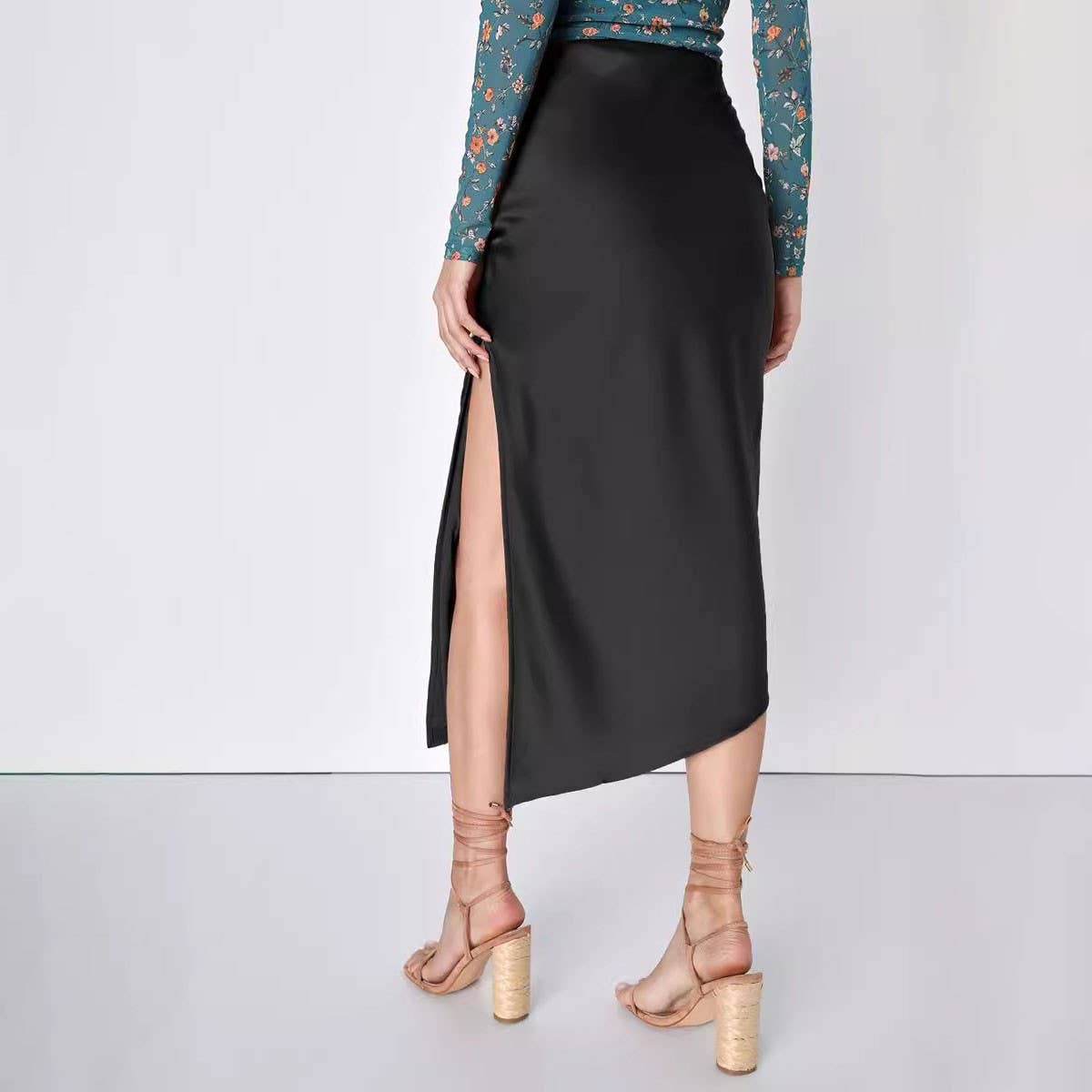 SATIN SKIRT ASYMMETRIC HIGH WAIST MAXI SKIRT