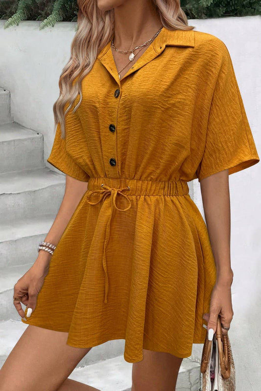 CWDSD7415_SOLID COLOR SHIRT COLLAR DRAWSTRING DRESS