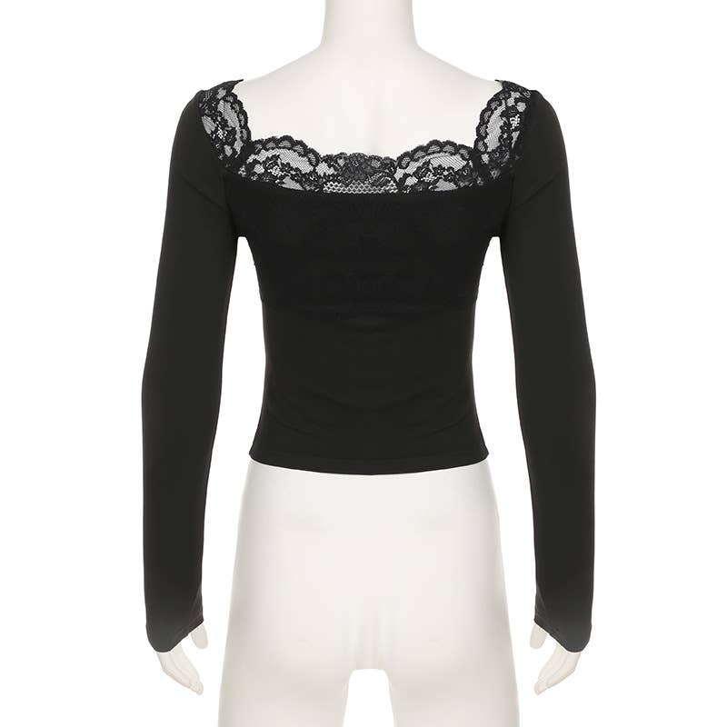 U-neck slim fit lace patchwork long sleeve Top