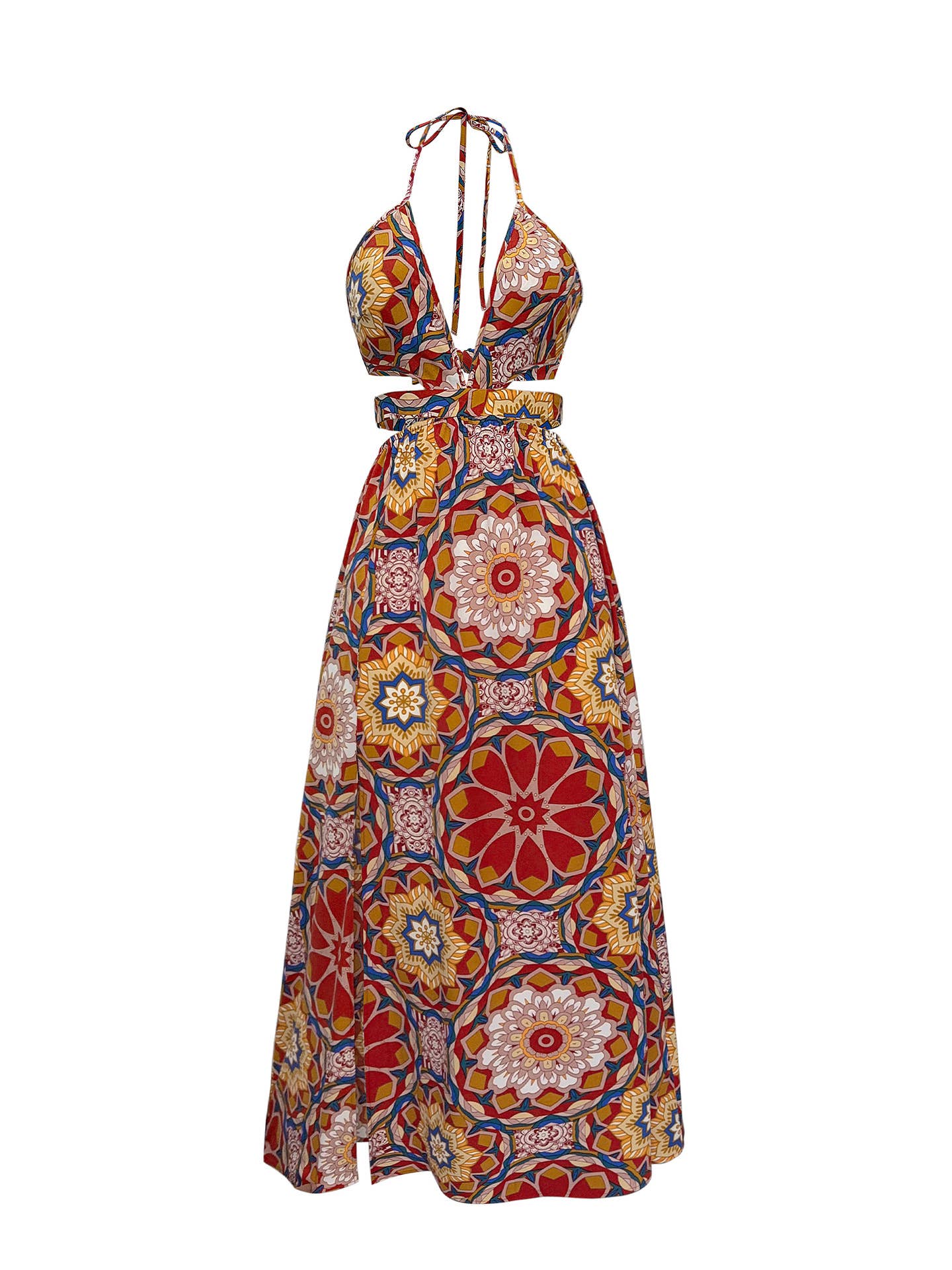 Sexy V-neck backless holiday halter print dress