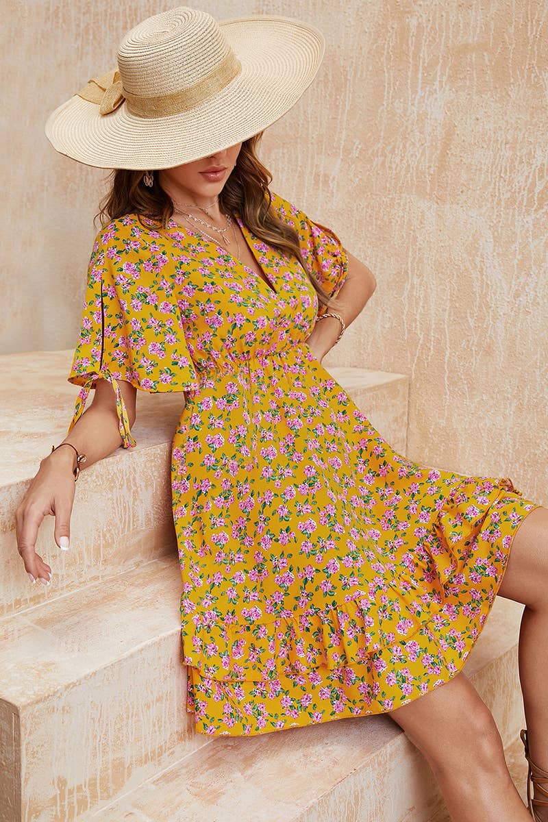 V-NECK WAIST FLORAL PRINT SHORT DRESS