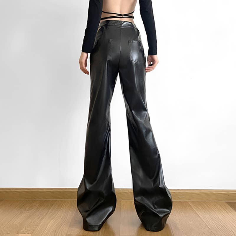 Button-up waist cutout PU leather casual pants