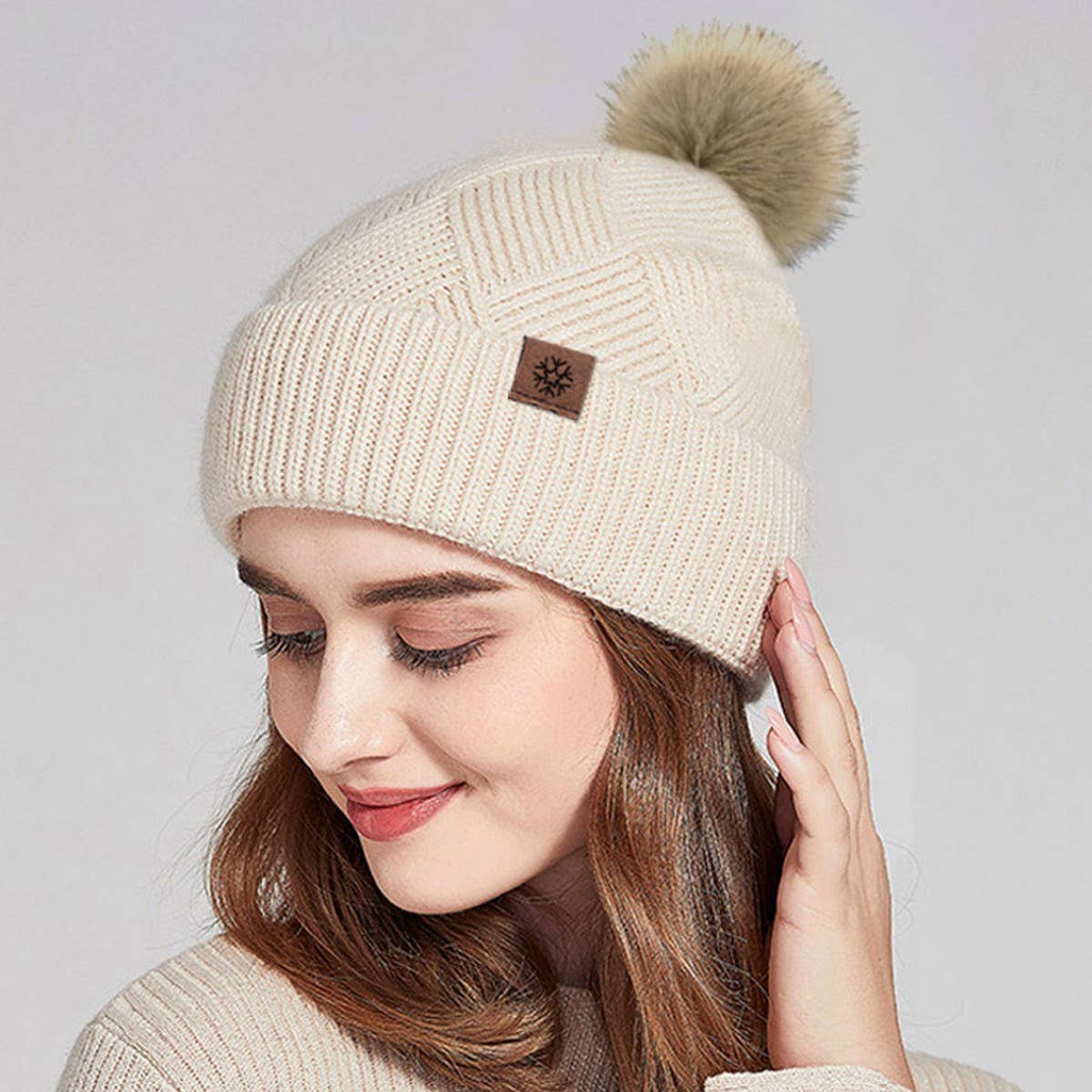 WINTER DOUBLE PLUSH BALL KNITTED HAT FOR WOMEN_CWAH2456