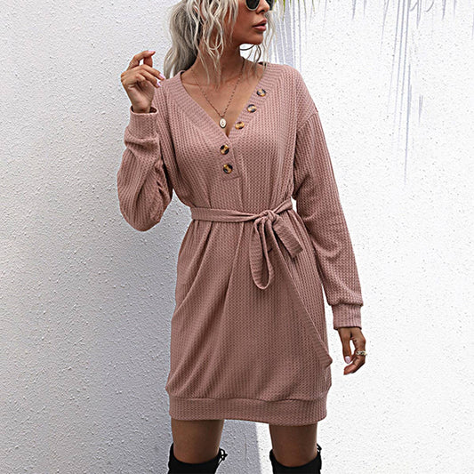 V-neck mid-length long-sleeved knit dress
