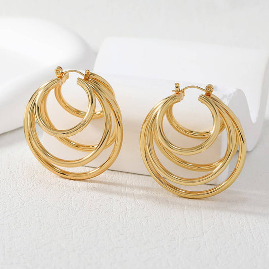 18K GOLD TITANIUM STEEL THREE-LAYER EARRINGS_CWMM3599