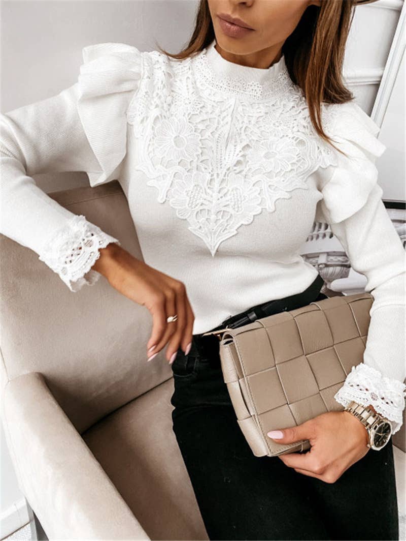 LONG SLEEVE CREWNECK SOLID COLOR LACE BASE SHIRT