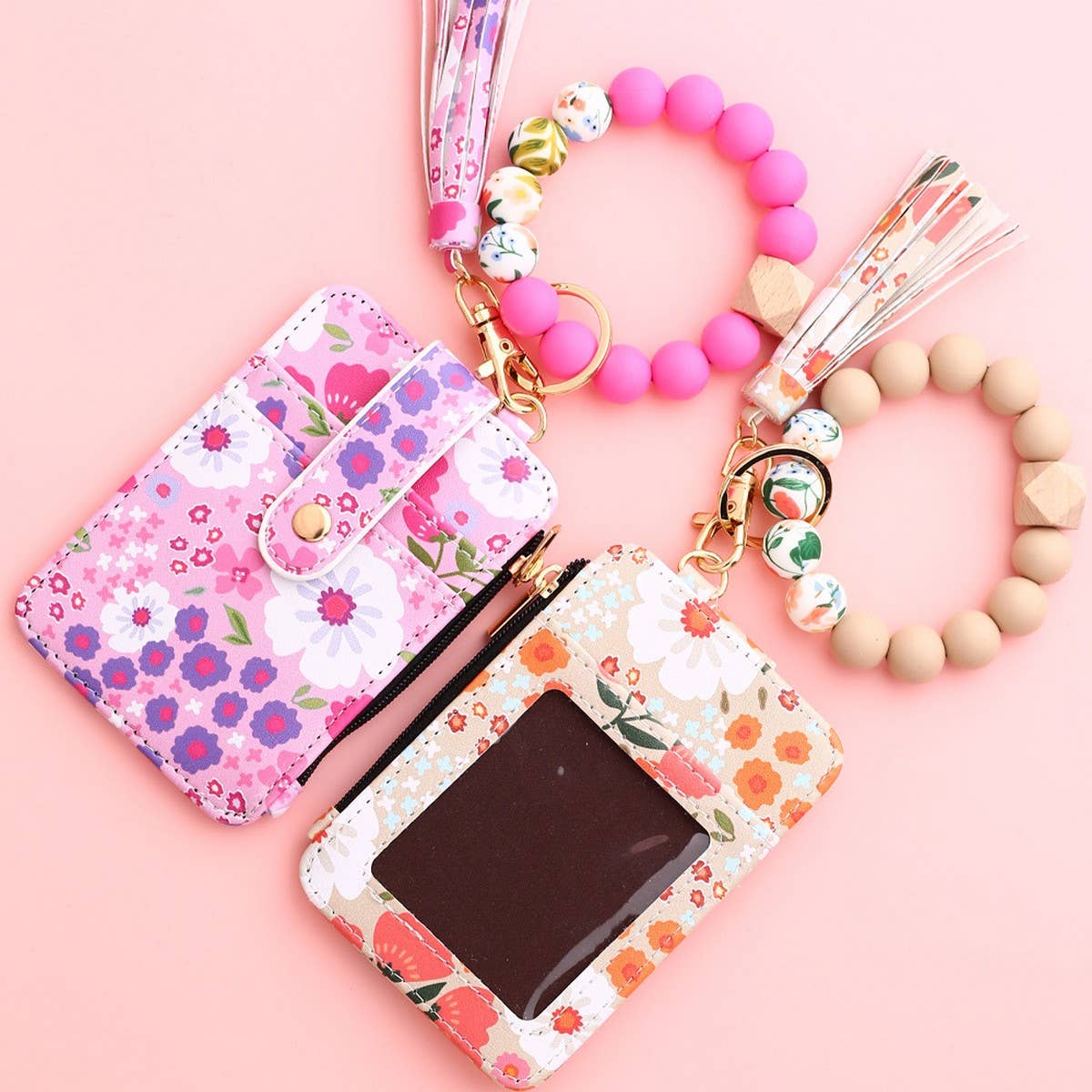 Floral PU Wallet with Bead Bracelet & Card Holder_CWAB4955