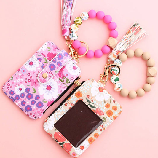 Floral PU Wallet with Bead Bracelet & Card Holder_CWAB4955