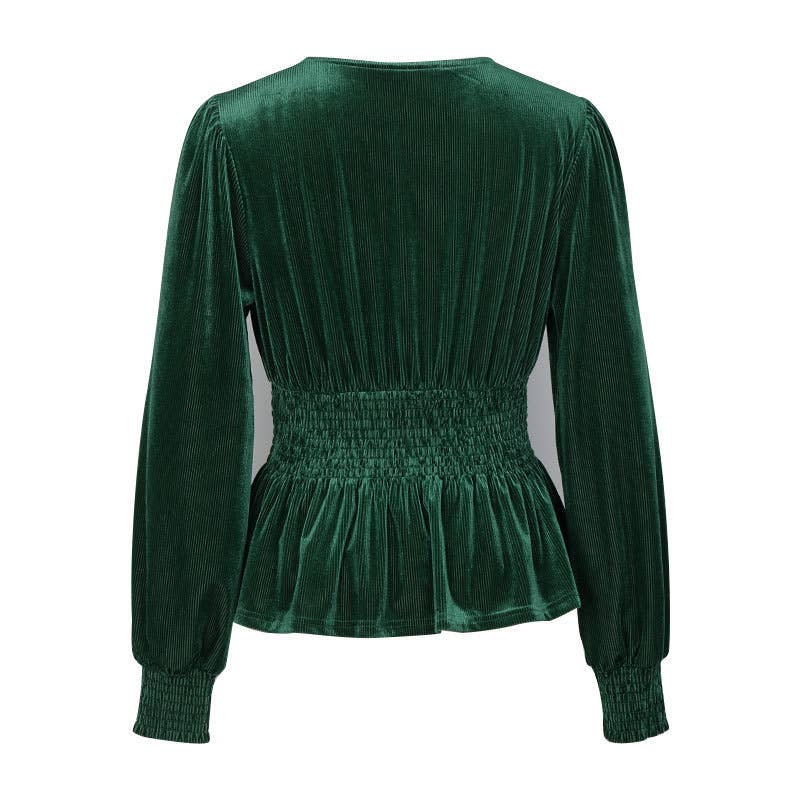 ELEGANT V-NECK LONG SLEEVE SOLID COLOR VELVET TOP