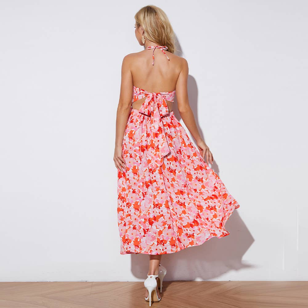 Sexy sleeveless strappy print halter dress