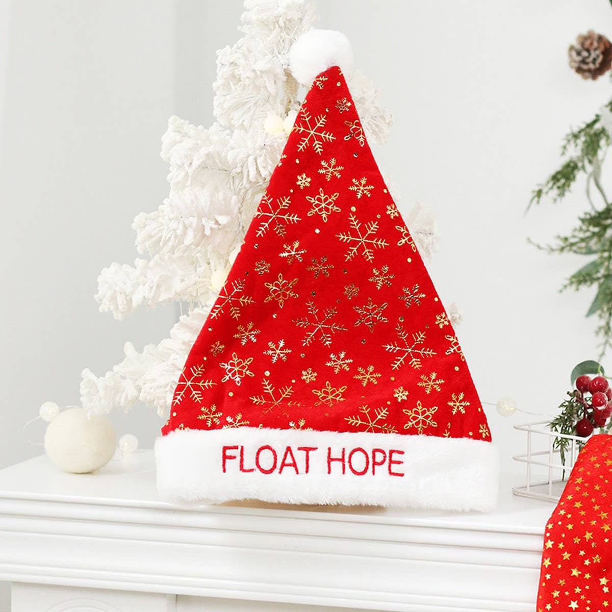 Luxury Plush Santa Hat with Gold Snowflakes_CWAJE05371